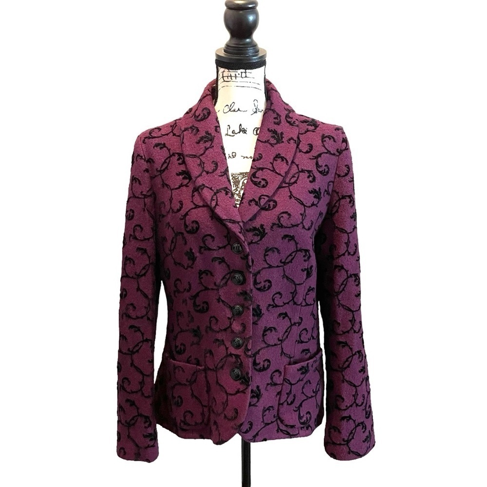 Pendleton Wool Blazer Jacket Boucle Purple Black velvet Size Large Fleur dis Lis